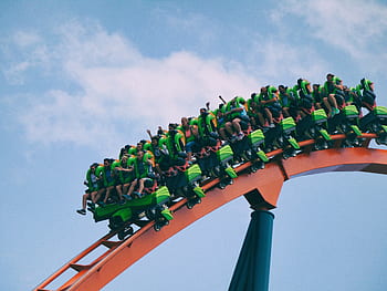 still, rides, themed, park, roller coaster, people, strapped, steel, industrial, sky, blue