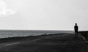 muž, chůze, záliv, silueta, osoba, stojící, u, pobřeží, silnice, chodník, voda