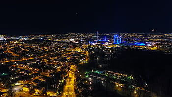 aerial, view, city, lights, urban, road, buildings, vehicle, car, establishment, trees
