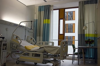 gray, hospital bed, blue, window curtain, inside, room, care, hospital, bed, new, enschede