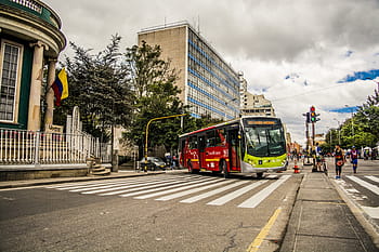 red, bus, daytime, City, Bogota, Colombia, Street, Horizon, architecture, building, urban