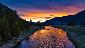 corpo, acqua, montagne, tramonto, Parco Nazionale di Yellowstone, crepuscolo, sera, sagome, paesaggio, panoramico, turismo