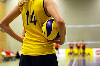 makro záběr fotografie, hráč volejbalu, hospodářství, míč, žena, žlutý dres, volejbal, sport, volej, míčové sporty, týmový sport