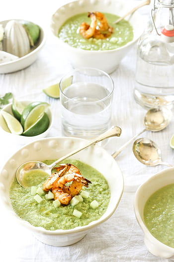 bowl, food, white, green, spoon, shrimp, seafood, fruit, dessert, citrus, table