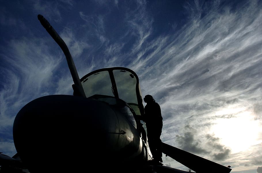 sky, clouds, sunset, ea-6b, military, man, silhouette, silhouettes, cockpit, nature, outside