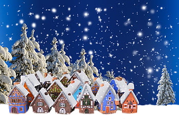 background, winter, season, snow, flake, forest, winter forest, village, houses, christmas time, christmas motif