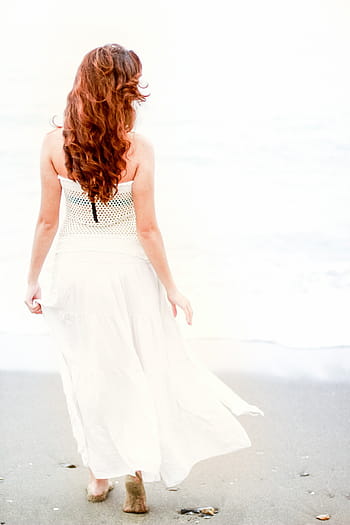 woman, standing, seashore, looking, calm, sea, ocean, water, waves, nature, beach