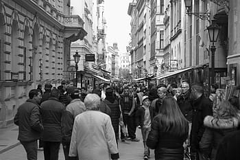 grayscale photo, group, people, walking, along, road, grayscale, photography, streets, high, rise