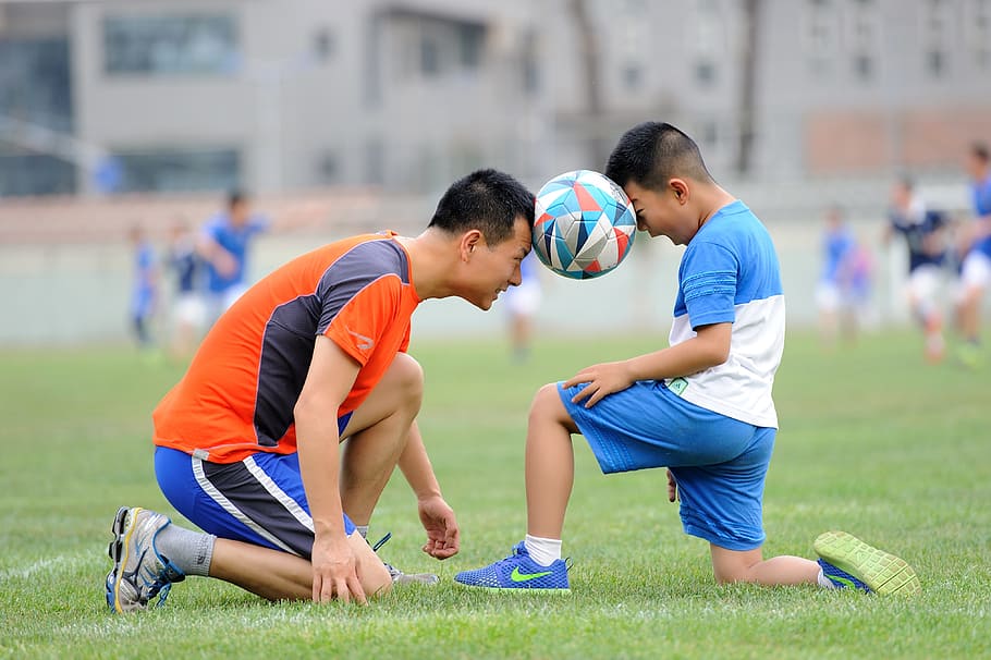 two, soccer player, ball, heads, soccer, player, football, teenager, greenery, sports, kids