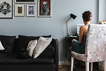 lugar de trabajo, computadora, hogar, elegante, en casa, mujer, interior, diseño de interiores, sofá, muebles, oficina