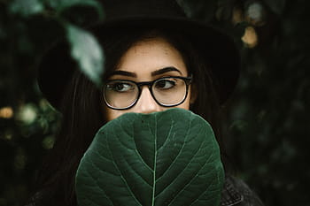 woman, covering, mount, leaf, green, plant, nature, people, girl, sunglasses, hat