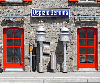 two, white, metal post, red, doors, bernina, pass, railway station, 2256 m, ospizio bernina, bell