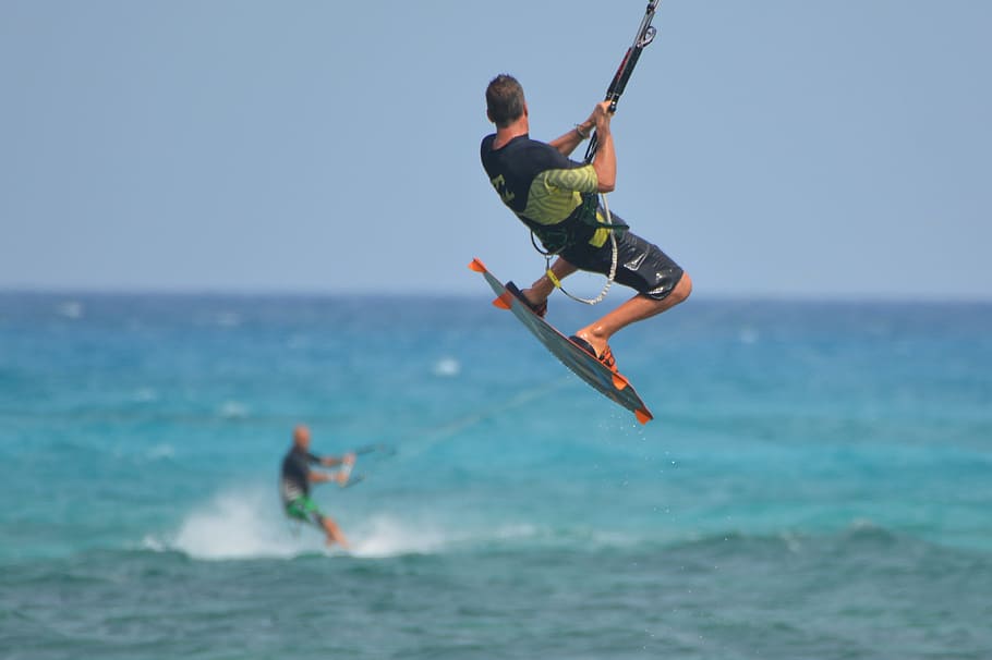 man, playing, surf, midair, Kite Surfing, Man, People, Sports, people, sea, ocean, surfboard