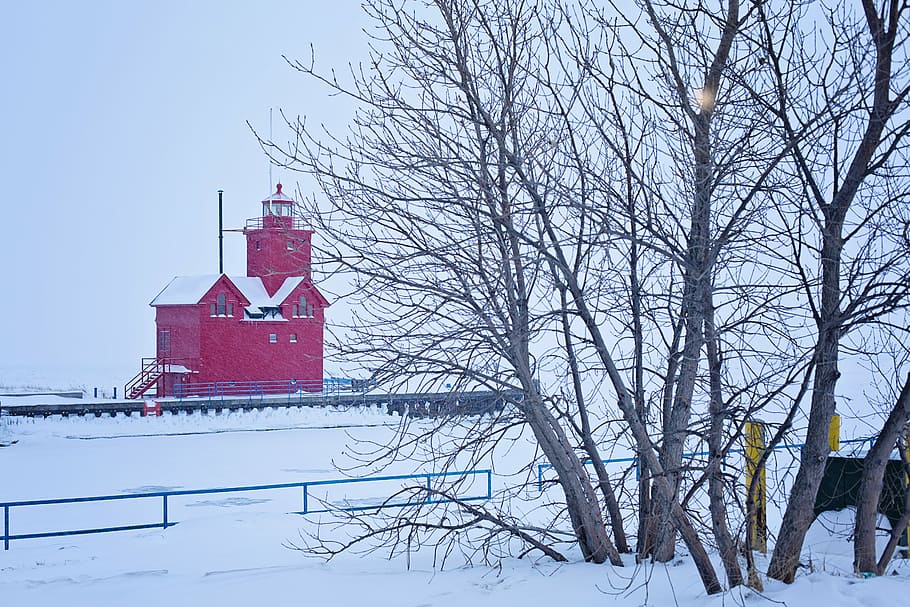 lighthouse, winter, red, snow, ice, landscape, cold, nautical, michigan