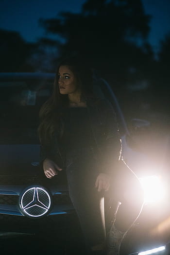 woman, leaning, black, mercedes-benz vehicle, daytime, mercedes, benz, car, night, people, girl