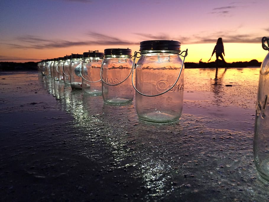 Sunset, Lanterns, Beach, water, reflection, sky, outdoors
