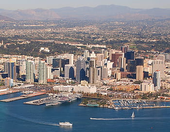letecký, fotografování, výškové, budova, vedle, pobřeží, během dne, san diego, kalifornie, letecký pohled, město, San Diego