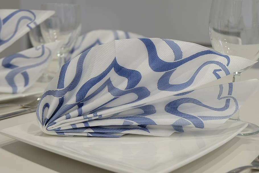 ubrousek, netkané textilie, restaurace, stůl, stolní dekorace, modrý, vinobraní, skládací ubrousky