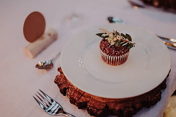 baked, cupcake, white, ceramic, plate, besides, fork, brown, wedding, toppers, design