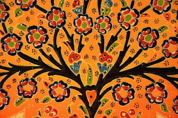 arancia, nero, rosso, floreale, pittura, mosaico, piastrella, arte, ceramica, colorato, decorativo