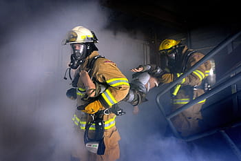 two, carrying, man, inside, dark, room, covered, smoke, Firemen, Firefighter, Fire