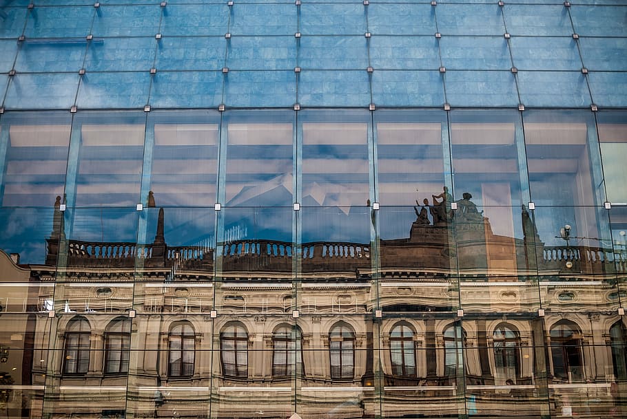 sklářské muzeum, skleněné budovy, odraz, architektura, sklenka, budova, městský, moderní, perspektivní, zrcadlo, design