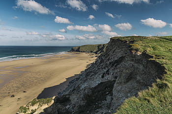 pobřeží, útesy, cornwall, Anglie, Příroda, pláž, přírodní, oceán, písek, moře, nebe