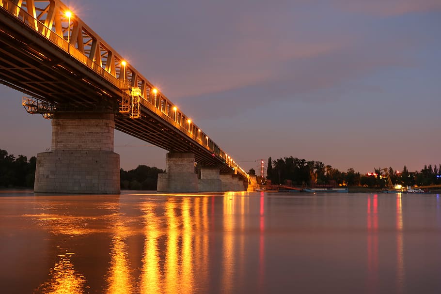 budapest, lunga velocità dell'otturatore, in serata, luci, fiume, ponte - struttura fatta dall'uomo, notte, architettura, tramonto