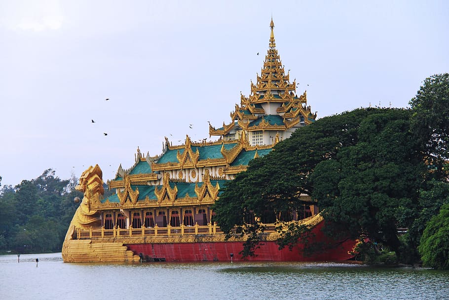 západ slunce, Krásná, zlato, pagoda, chrám, hudba, klid, zahrada, kandawgyi zahrada, jezero, yangon