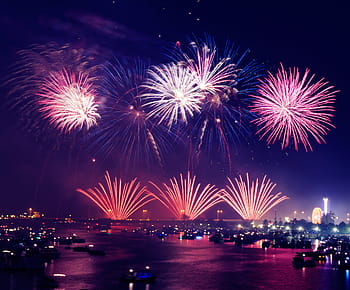 fireworks, sky, purple, display, lights, show, celebration, night, dark, evening, cityscape