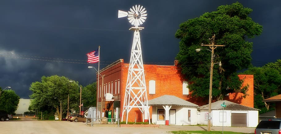 cordova, nebraska, town, urban, windmill, dark sky, dark clouds, stormy, panorama, flag, outside