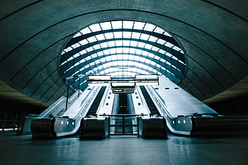 gray, underground, train station, escalators, inside, building, escalator, structure, entrance, exit, stairways
