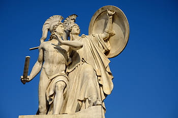 dvě sochy bojovníka, památník, řecké bohy postavy, athena, chráněný, držený, útoků, čísla, mramor carrara, uzavřený most, berlin-mitte