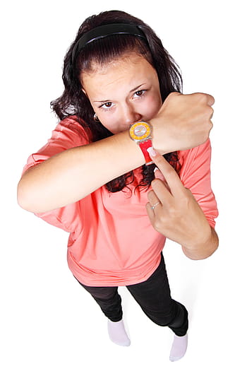 woman, wearing, pink, top, pointing, watch, appointment, clock, countdown, deadline, delay
