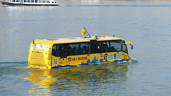 giallo, bus turistico, corpo, autobus, turisti, Danubio, budapest, acqua, vela, giro sul fiume, mezzi di trasporto
