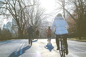 four, person, ride, bicycles, daytime, people, man, woman, kid, child, bike