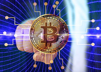 bitcoin, cryptocurrency, měna, peníze, ruka, držet, vizitka, prkno, stopa, obvodů, čip