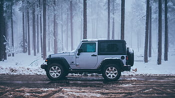 grey, black, jeep wrangler suv, road, snow field, trees, car, vehicle, transportation, travel, outdoor