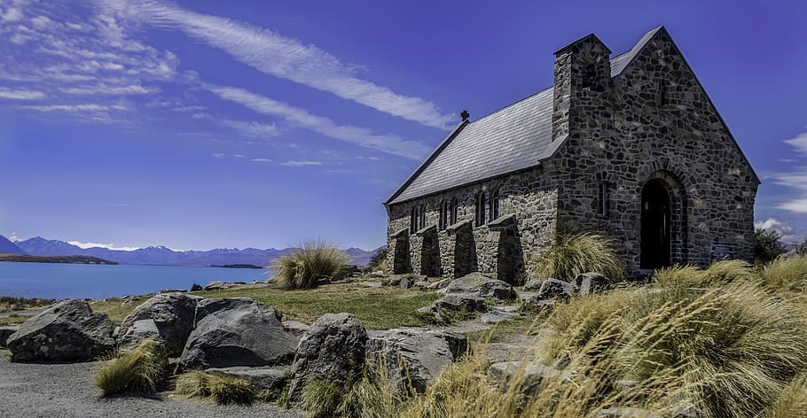 gray, concrete, cathedral, ocean, Church, Good Shepherd, Lake Tekapo, south island, new zealand, lake, blue water