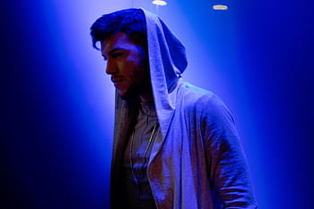 man, standing, purple, lighted, room, people, guy, hoodie, millenials, blue, clothing