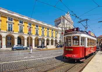 Lisabon, Portugalsko, Červené, tramvaj, architektura, město, lisboa, Evropa, cestovat, mezník, portugalština