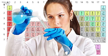 woman, white, lab gown, chemist, laboratory, periodic system, chemistry, medical, piston, science, experiment