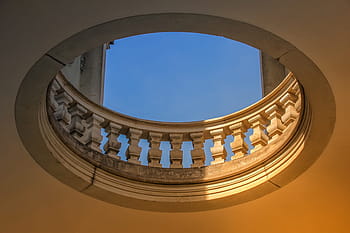round stone fence, architecture, building, railing, stone, pillar, incidence of light, blue, brown, orange, grey