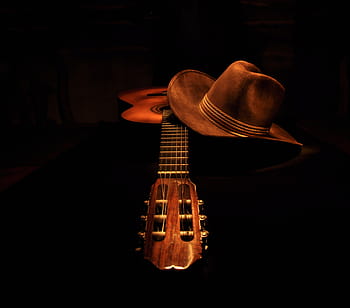 brown, classical, guitar, cowboy hat, light painting, dark, music, musical Instrument, musician, arts And Entertainment, string Instrument