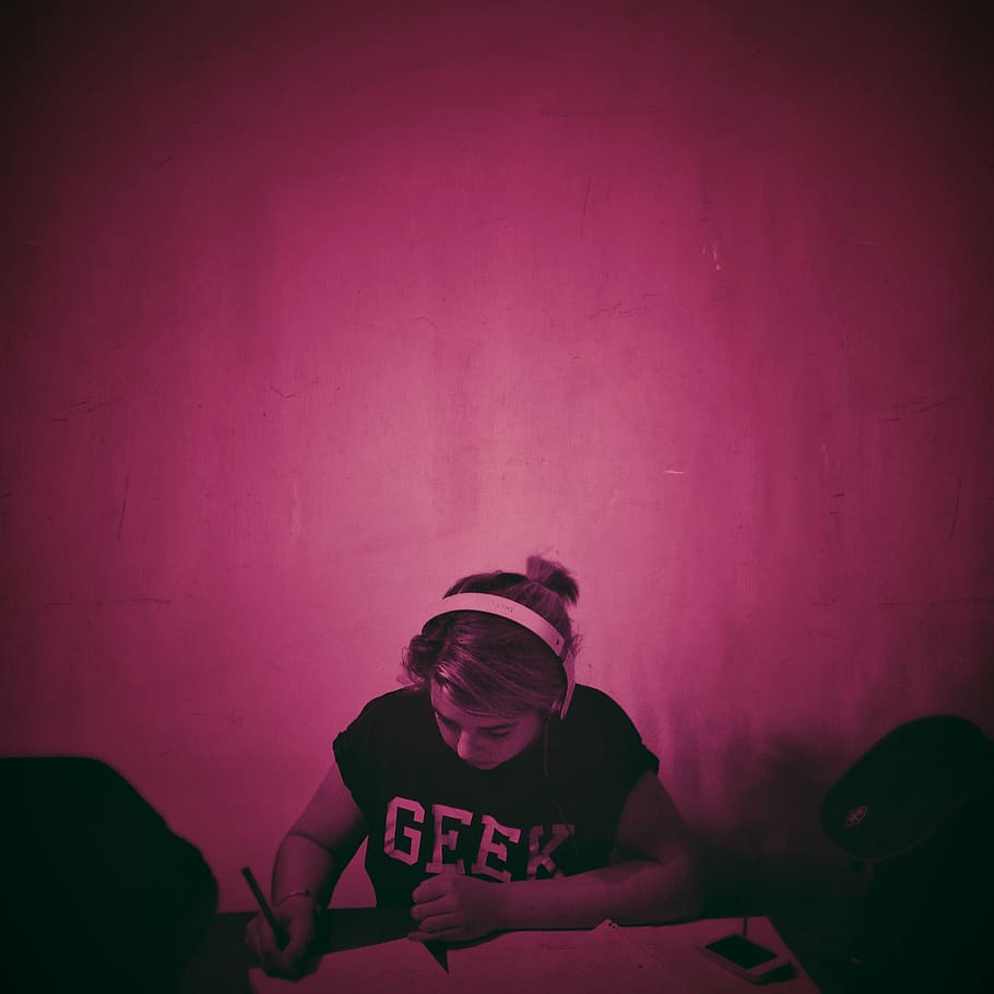 person holding pen, girl, music, headphones, pink room, pink, room, learning, popart, young, people