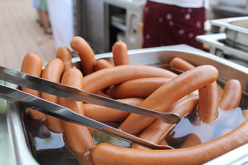 selektivní, zaostřovací fotografie, klobásy, klobása, wienerle, klobása vídeňská, pouliční jídlo, párek v rohlíku, Fast Food