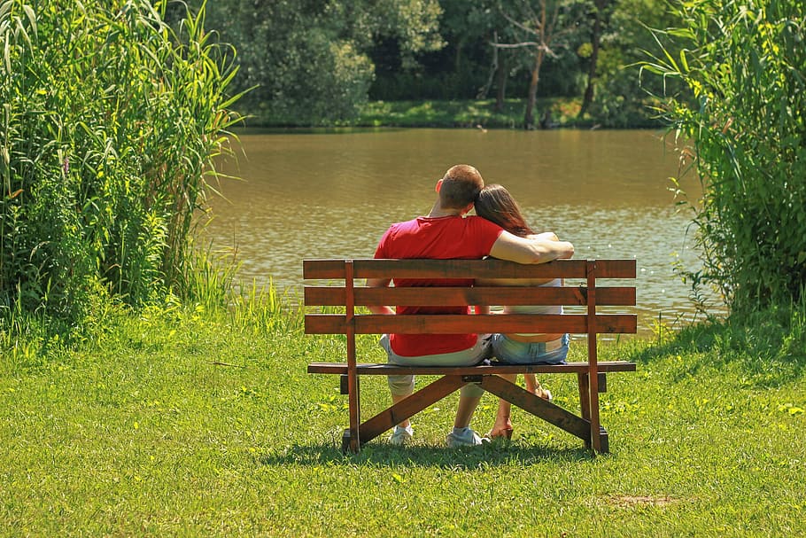 man, woman, sitting, bench, front body, water, Excursion, Lake, Lakeside, Nature, waterfront