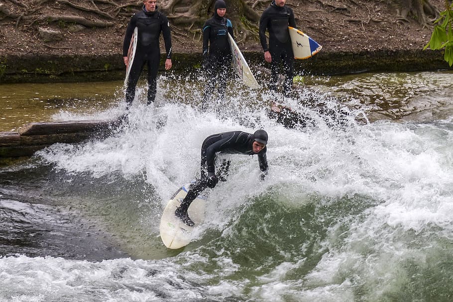 ledový potok, eisbach, surfař, divoká voda, řítí voda, Mnichov, město, bavaria, Německo, člověk, muž