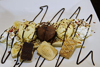 czekolada, lody waniliowe, biały, powierzchnia, banana split, lody, banan, puddingi, deser, piękny, Słodkie