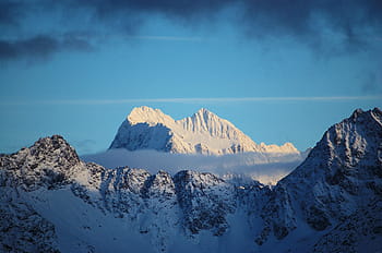 snow coated mountain, snow, covered, mountain, scenery, mountains, cliffs, peaks, blue, sky, landscape